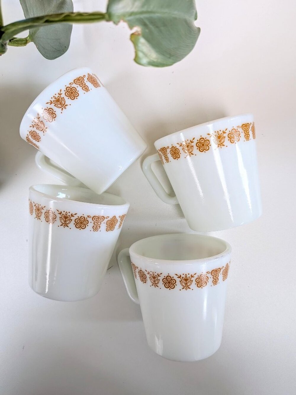 Vintage Pyrex Butterfly Gold Milk Glass Mugs Set of 4 | 8 oz Retro Coffee Cups